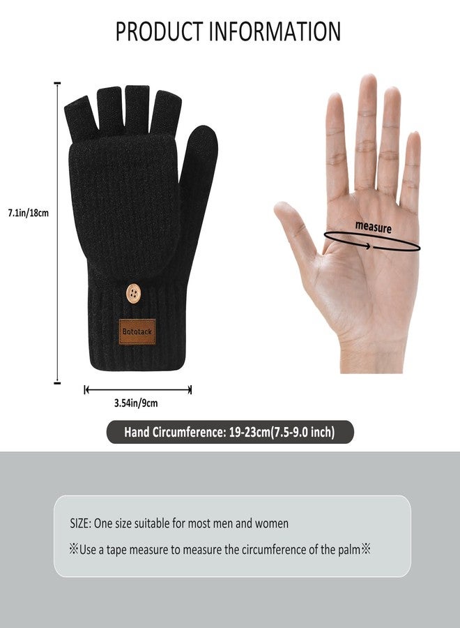 Bototack Winter Fingerless Gloves Warm Thermal Knitted Convertible Mittens Flap Cover for Women Men Typing Driving Working (Black) - Image 4